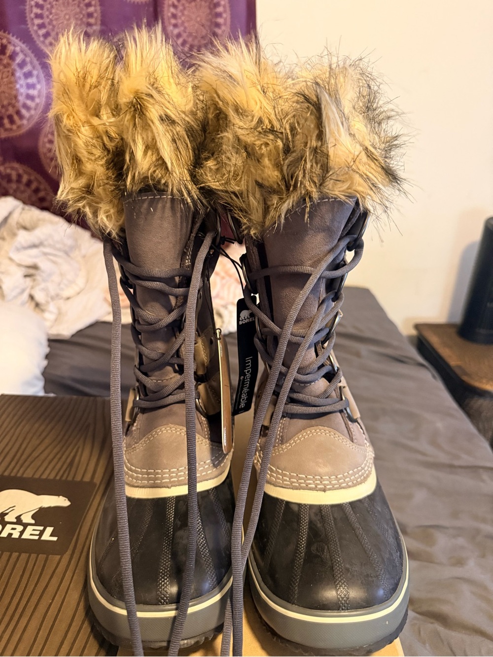 Sorel Women's Shale Stone/Gray Suede Faux-Fur Trim Winter Boots